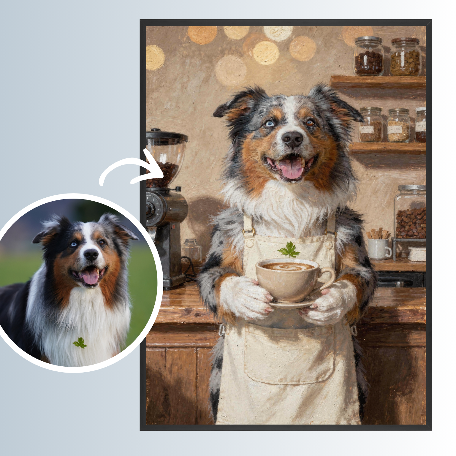 Wuffi als Barista - Personalisiertes Ölgemälde