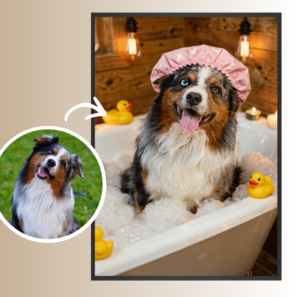 Wuffi in der Badewanne – Personalisiertes Kunstwerk