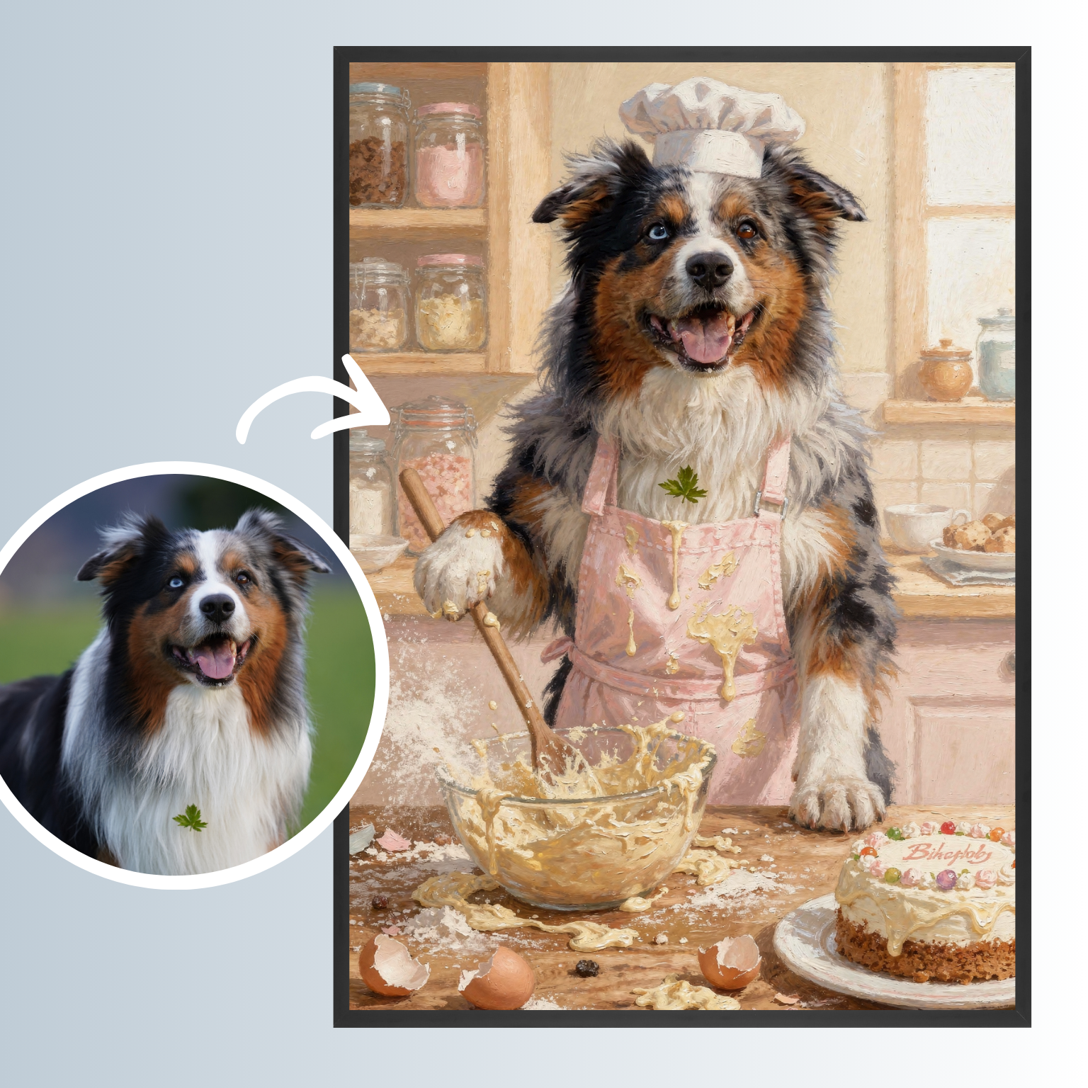 Wuffi beim Backen - Personalisiertes Ölgemälde