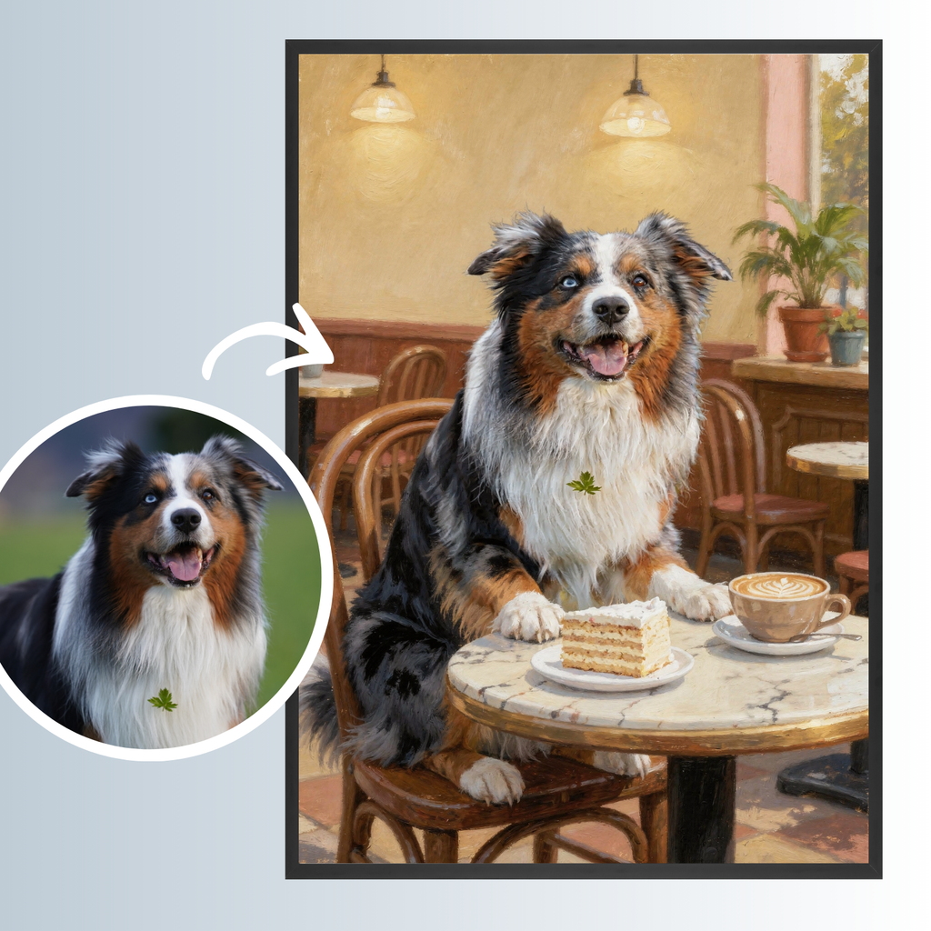 Wuffi beim Kaffee & Kuchen - Personalisiertes Ölgemälde