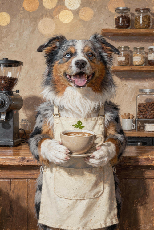 Wuffi als Barista - Personalisiertes Ölgemälde