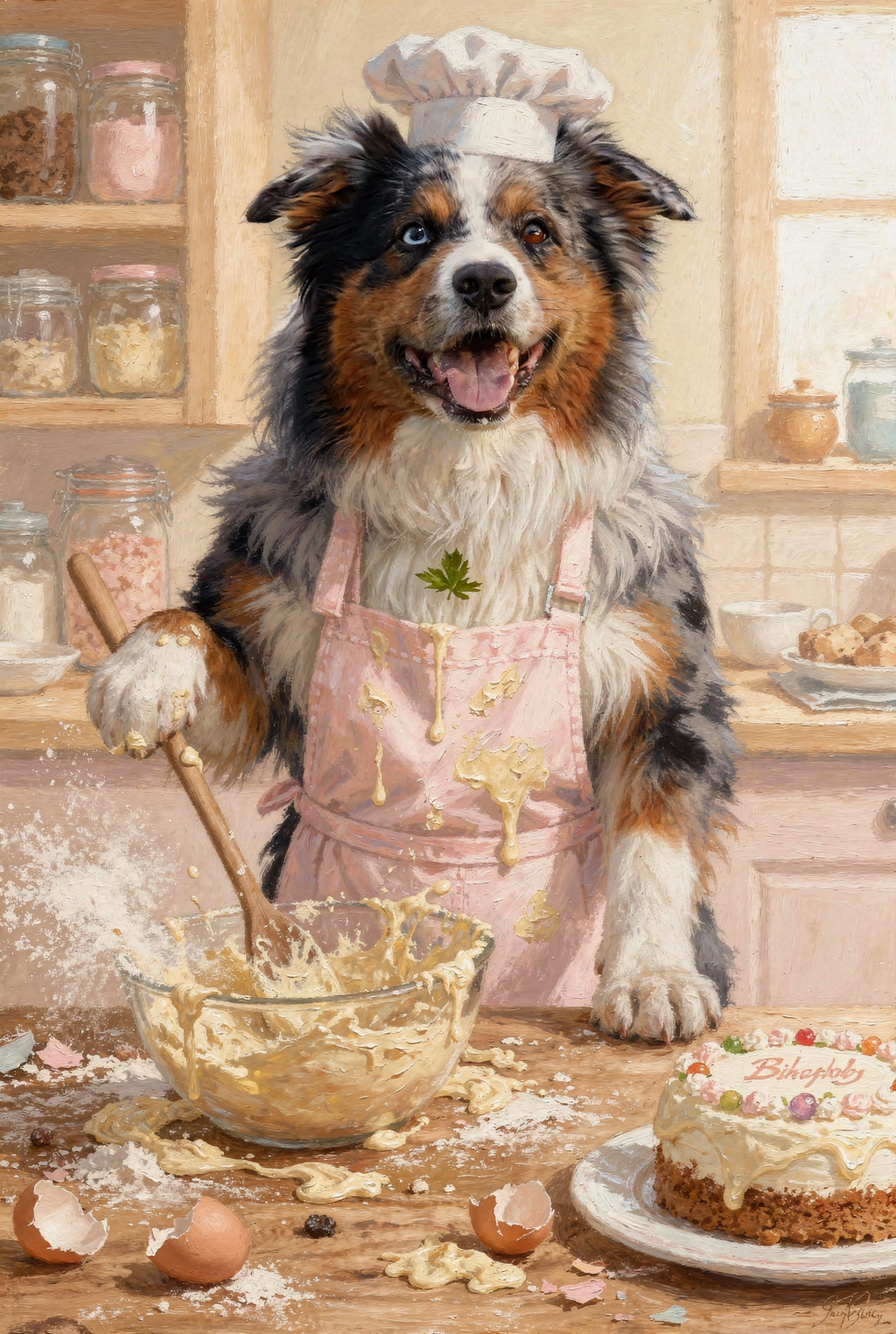 Wuffi beim Backen - Personalisiertes Ölgemälde
