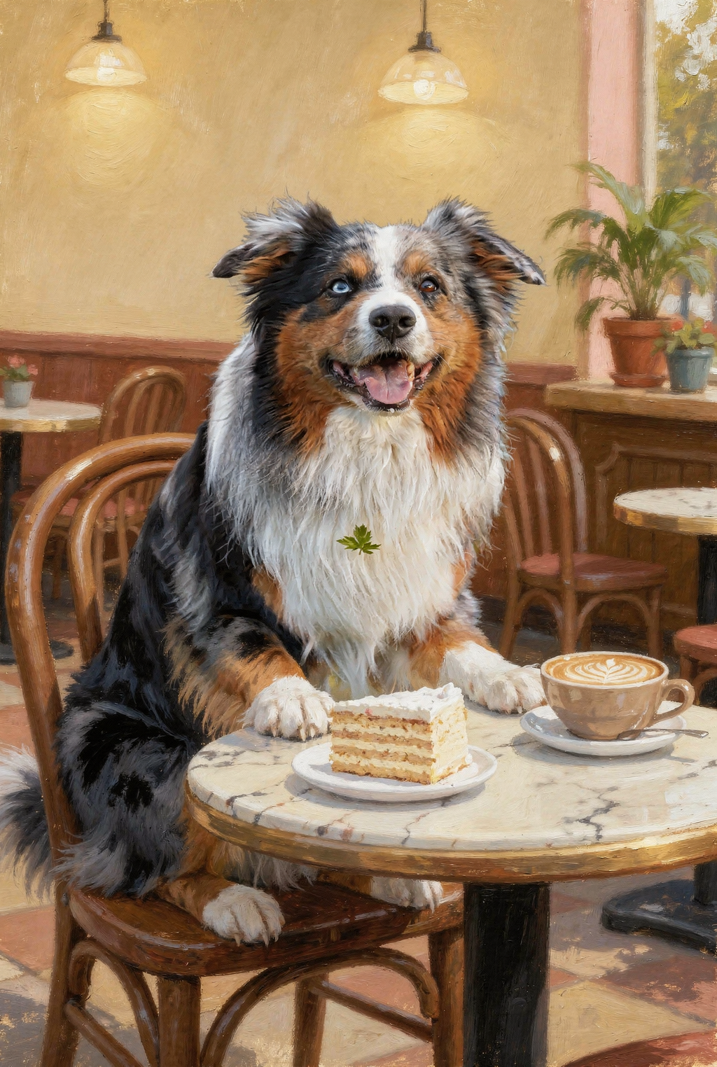 Wuffi beim Kaffee & Kuchen - Personalisiertes Ölgemälde